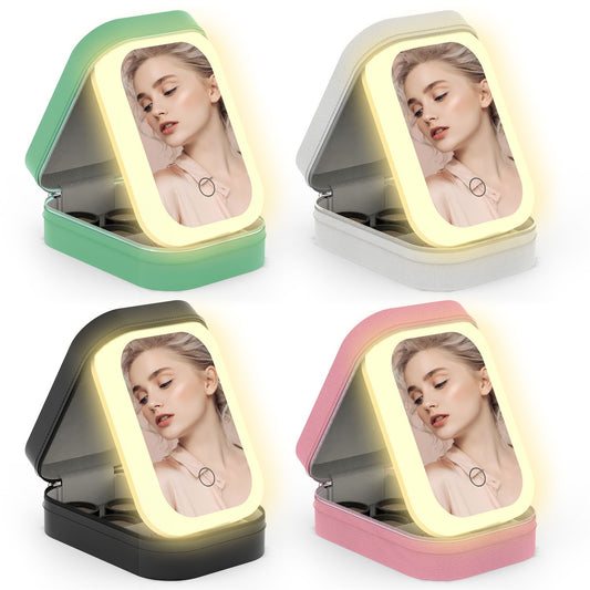 1Pc Portable Travel Makeup Bag With LED Mirror Rechargeable Beauty Mirror With 3 Color Light Dimmable Brightness Waterproof Cosmetic Bag With 4 Compartments Ideal Gift For Women