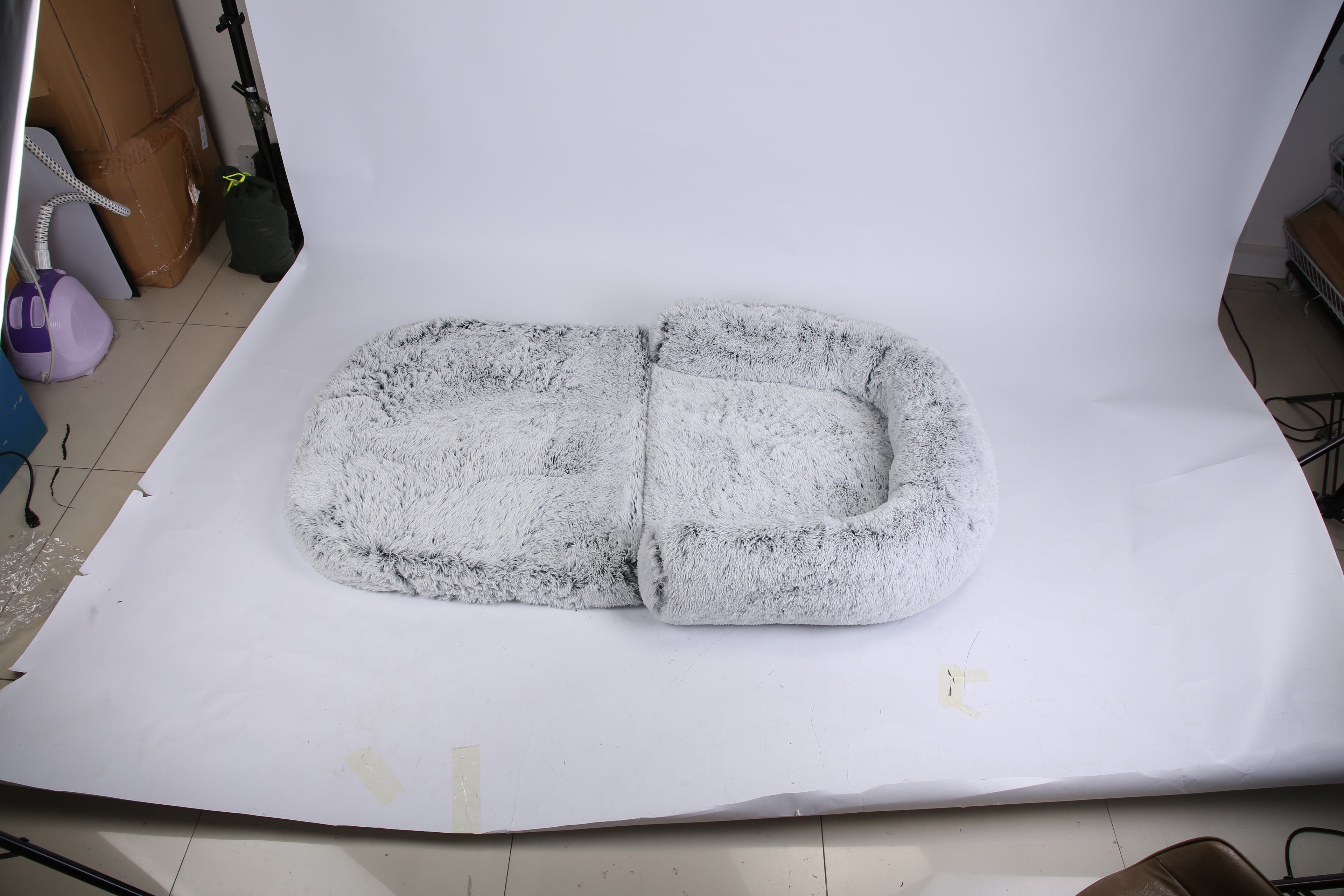 1Pc Large Foldable Human Size Dog Bed With Pillow Blanket Flurry Plush Napping Human-Sized Dog Bed Machine Washable Zipped Removable Cover For Pets Kids Adults Grey 71x45x10in