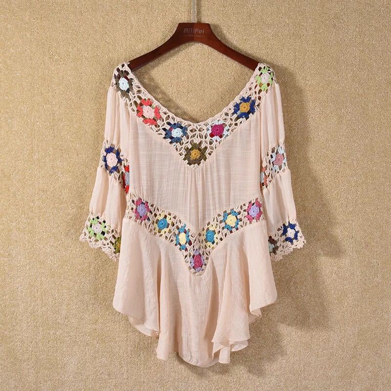 Amazon AliExpress Hot Selling Product Boho Hollow Out Hand Crocheting Flower Bikini Loose Beach Cover-up