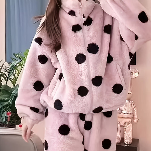 Cute Casual Pajamas For Women Winter Fleece-lined Thickened Polka Dot Turtleneck Drawstring Suit
