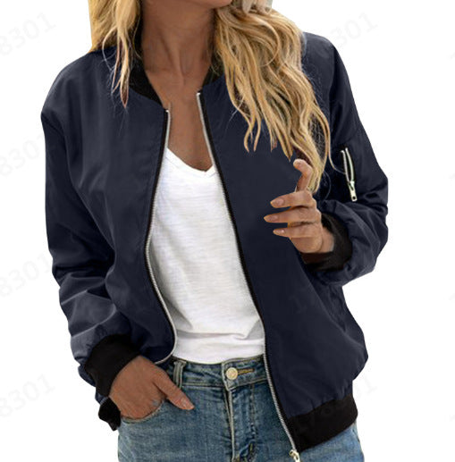 Women's Solid Color Cool Girl Baseball Jackets Round Neck Zipper Vintage Bomber Jacket Autumn Casual Female Bomber Jacket Chic Outerwear