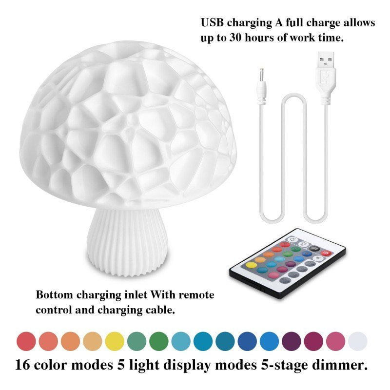 3D Printed 16 colors Led Mushroom Lamp Lovely Colorful Led Night Light for Home Art Decor USB Rechargeable Night Lamp