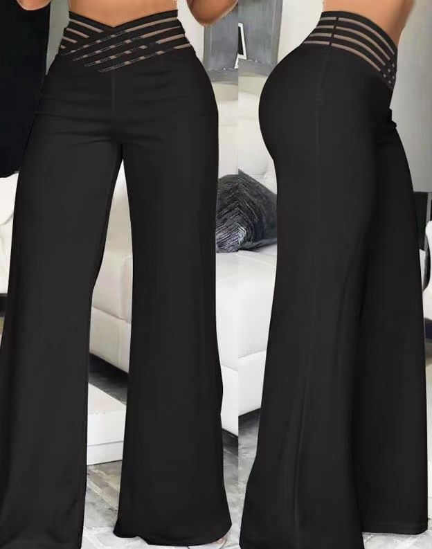 Women's Hollow Belt High Waist Casual Straight Loose Trousers Wide Leg Pants
