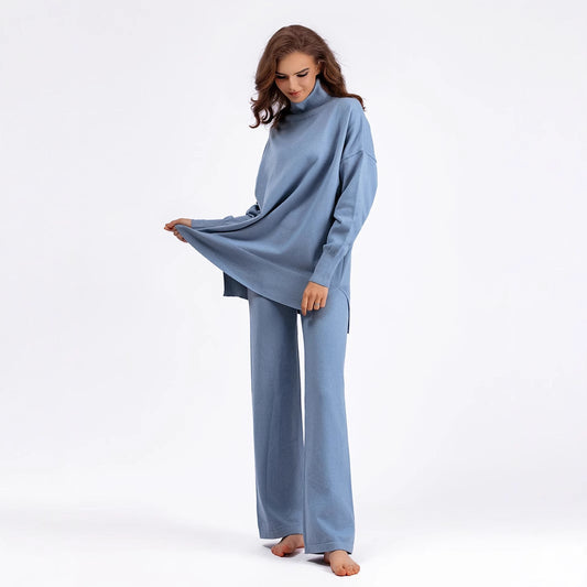 Solid Color Slit Sweater Loose Casual Knitted Two-piece