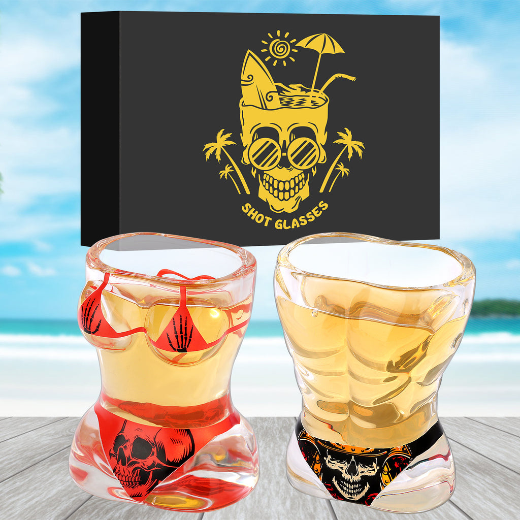 2 Pieces, Black Muscle Men's And Red Bikini Skull Style Glass Small Wine Glasses Bar Tools Christmas Gift, Halloween Gift, Birthday Gift, Company Party Gift, Universal Gift