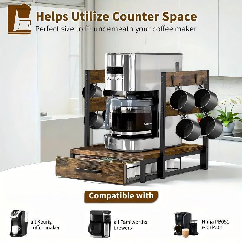 Coffee Maker Storage Rack Coffee Bean Accessories Organizer Sturdy K-Cup Storage Drawer With Cup Holder Coffee Maker Stand Kitchen And Office Countertop Storage Rack