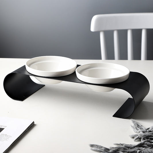 Double Bowl Dog Bowl Iron Frame Protect Spine Ceramic Bowl Set