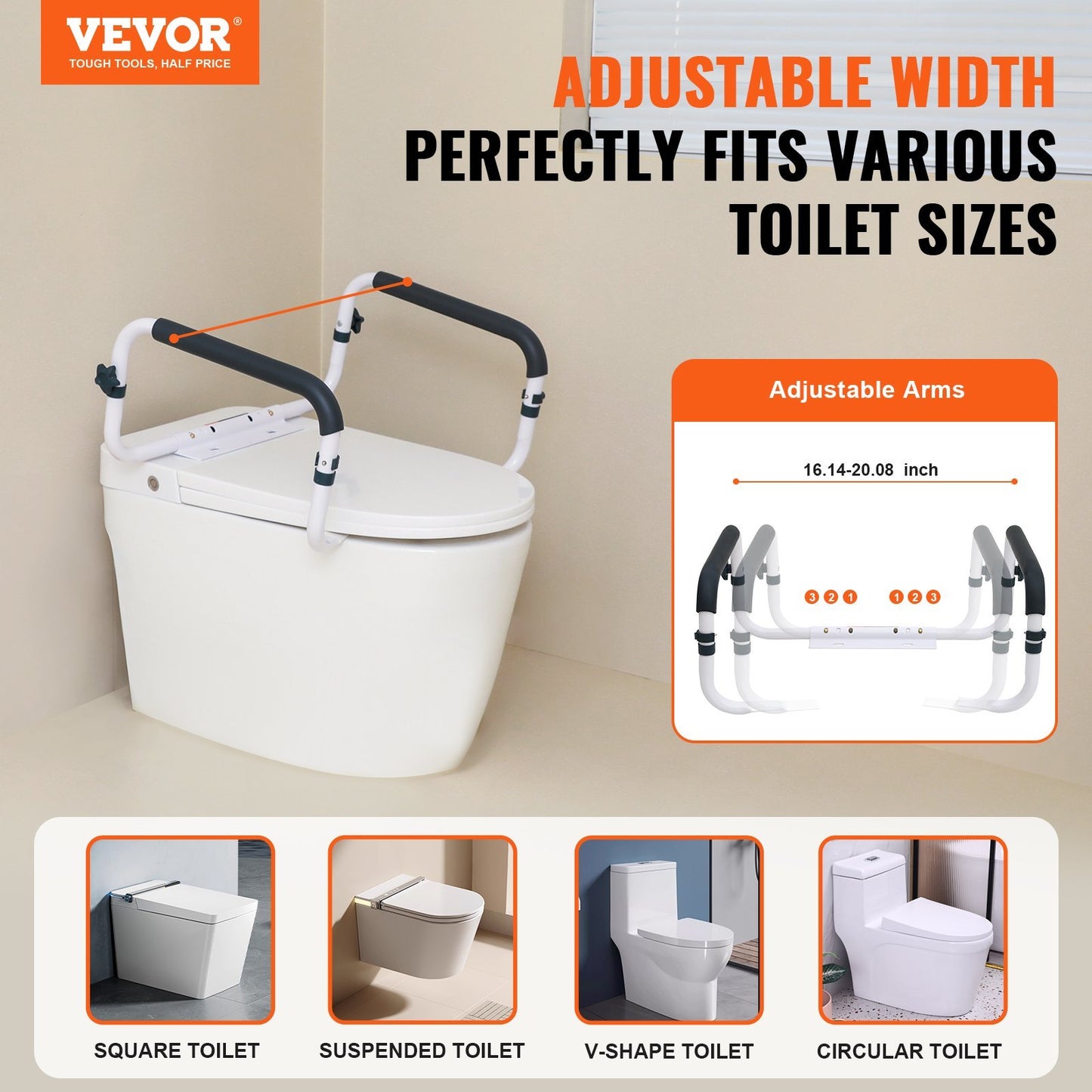 Toilet Safety Rail, 300LBS Capacity Toilet Seat Frame, Adjustable Width Fit Most Toilets, Easy Installation, Toilet Handles Grab Bars With Padded Armrests For Handicap, Disabled, Seniors