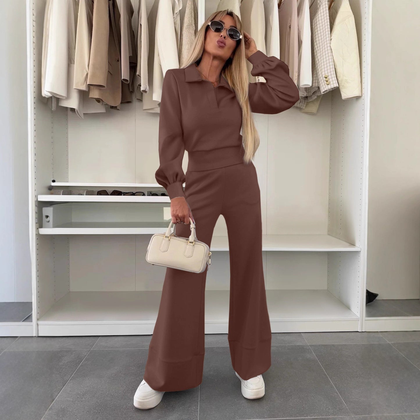 Long Sleeve Top Elastic Wide Leg Pants Two-piece Set