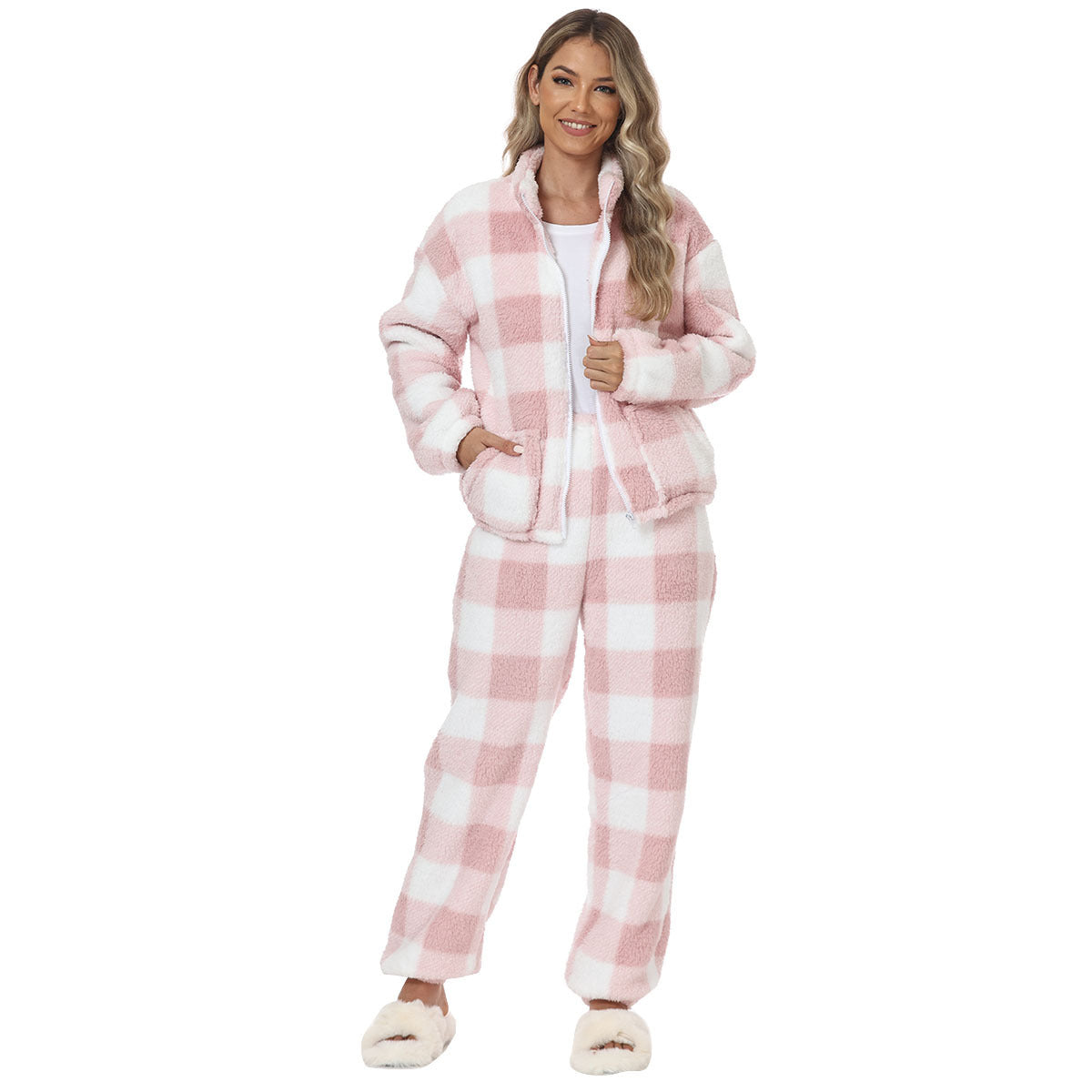 European And American Flannel Pink And White Plaids Ladies' Homewear Warm Suit