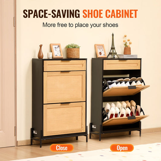 Rattan Shoe Cabinet, Narrow Shoe Storage Organizer With 2 Flip Rattan Drawers & 1 Slide Drawer, Metal Legs, Slim Shoe Entryway Cabinet Ideal For Entryway, Closet, Hallway, Black
