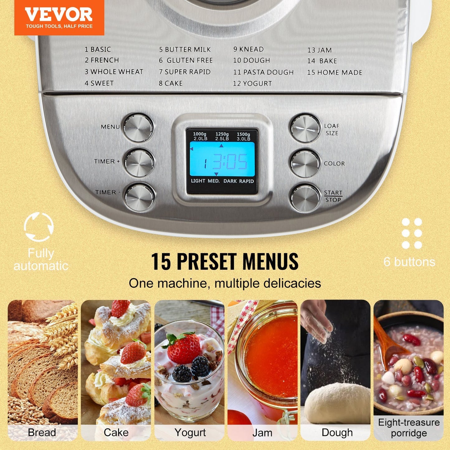 Bread Maker, 15-in-1 3LB Dough Machine, Nonstick Ceramic Pan Automatic Breadmaker With Gluten Free Setting, Whole Wheat Bread Making, Digital, Programmable, 3 Loaf Sizes, 3 Crust Colors, White