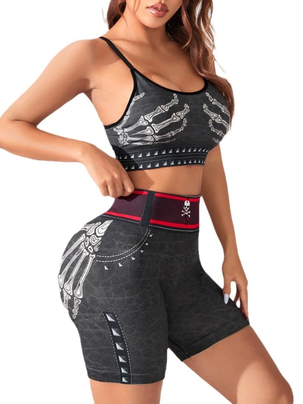Western Gothic Skull Print Seamless Sports Bra & Shorts Set