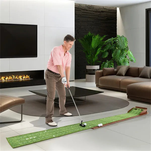 10ft Golf Putting Mat - Automatic Ball Return, 3 Hole Sizes (3.5"/2.7"/2.4"), Brown+Green