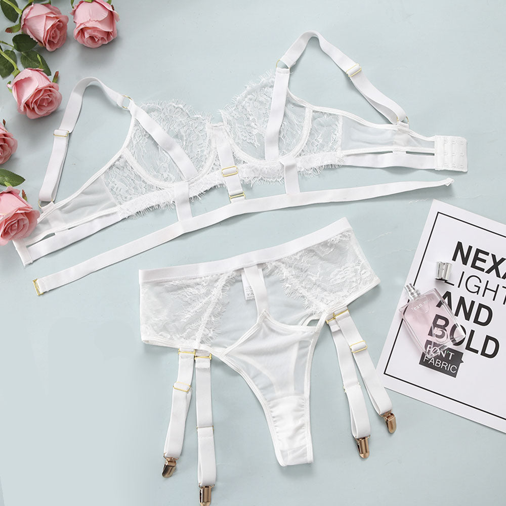 Lace Mesh Solid Color Women's Underwear Three-piece Set