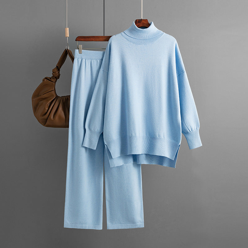 Solid Color Slit Sweater Loose Casual Knitted Two-piece