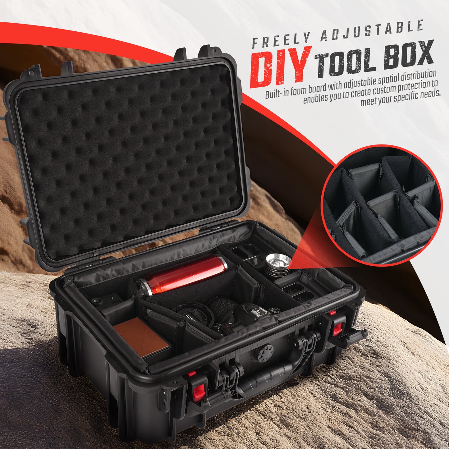 Waterproof Hard Case With Lid Storage Box And Dividers - Black Plastic Precision Instrument Case
