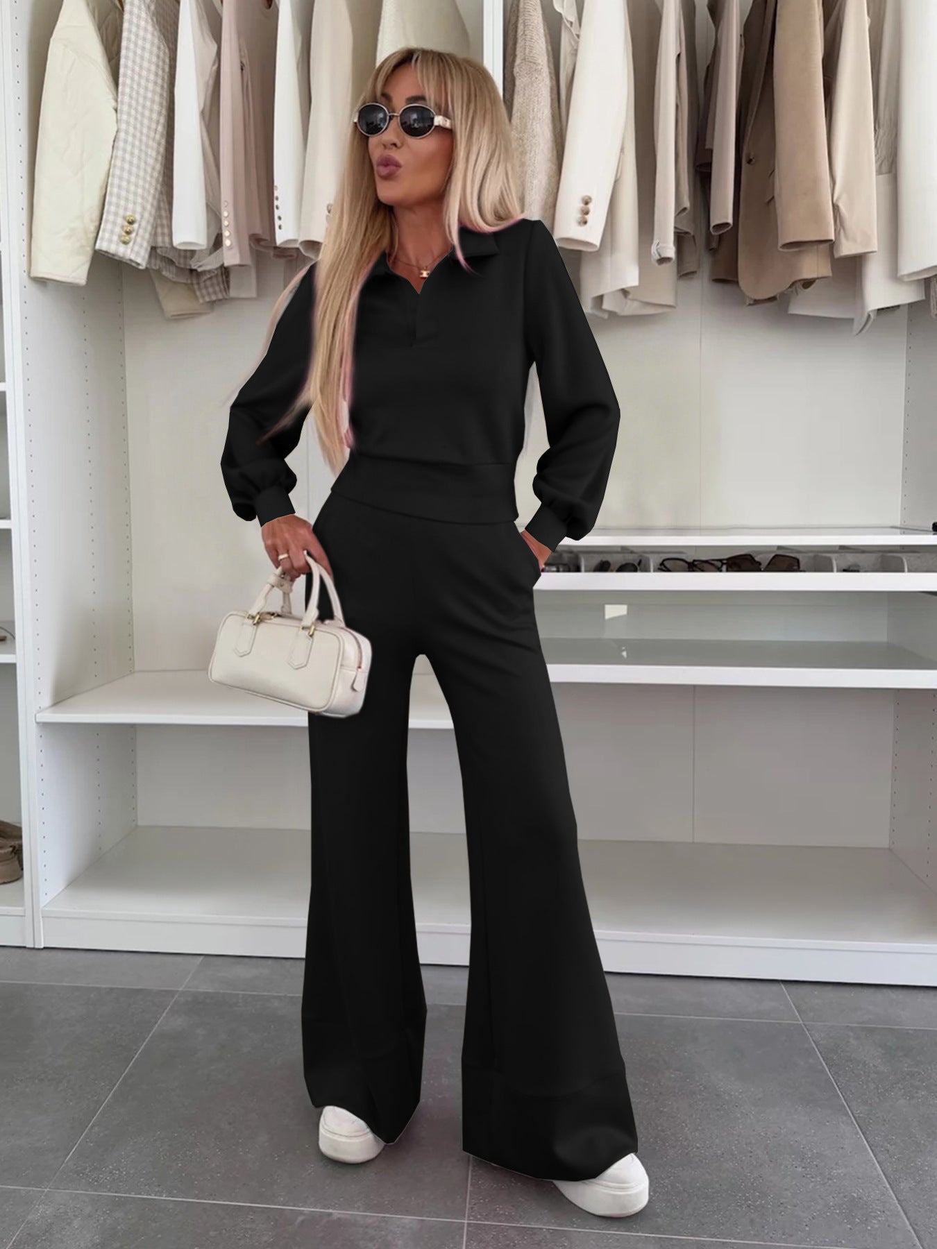 Long Sleeve Top Elastic Wide Leg Pants Two-piece Set