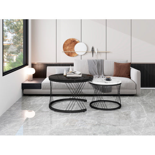 Round Coffee Table, Modern Coffee Table Set Of 2 Marble Pattern Top With Metal Frame, Small Side Table, End Table For Living Room, Bedroom, Home Office, Farmhouse, White And Black