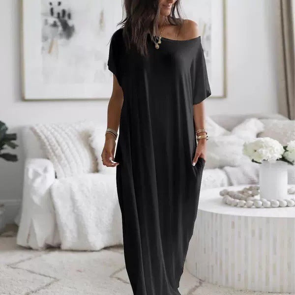 Women's Solid Color Short Sleeve And Long Pattern Casual Dress