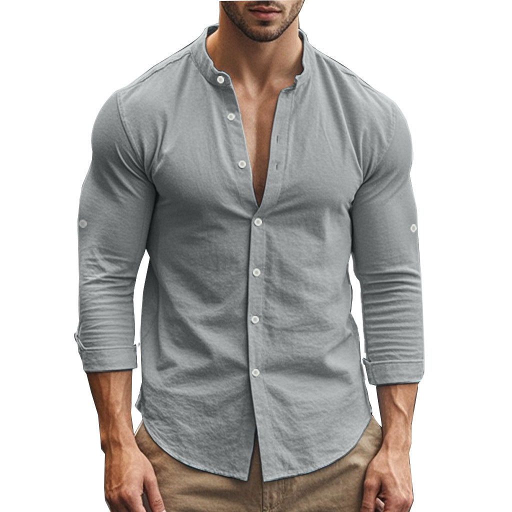 Standing Collar Solid Color Casual Cotton Linen Shirt