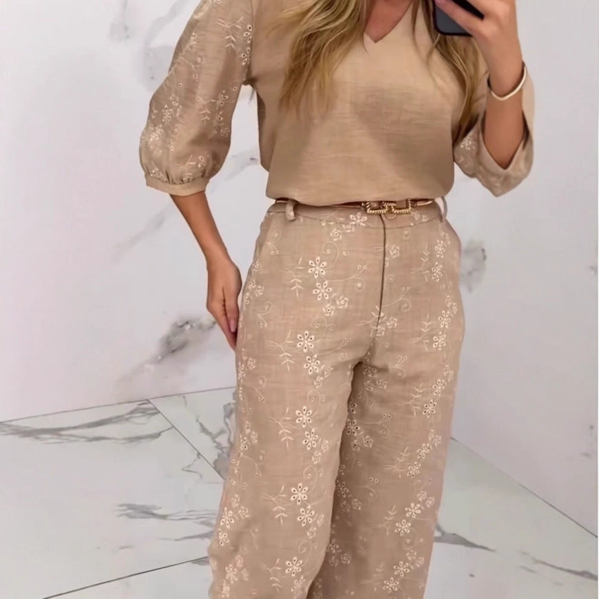 Lace European Temperament Top Wide-leg Straight Trousers Women's Suit