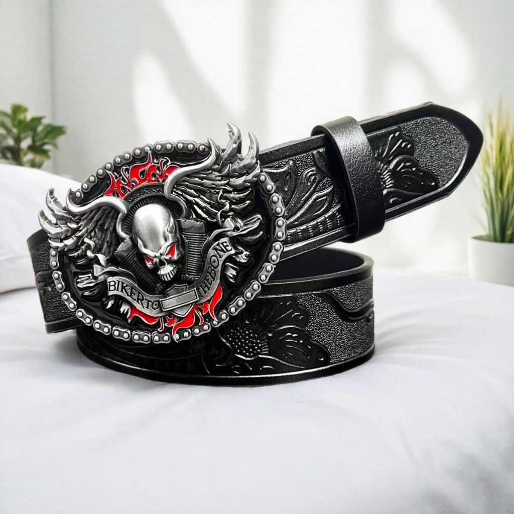 Mens Alloy-buckle Leather Belt With A Vintage Embossed Design