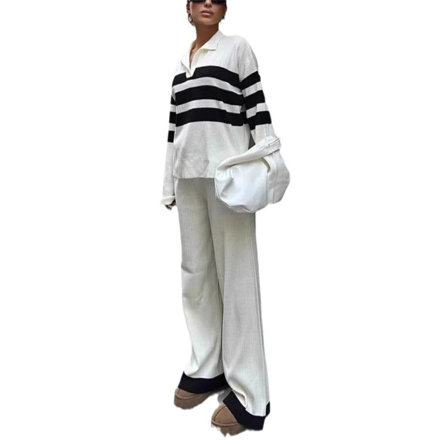 Fashion Women's Casual Polo Collar Striped Knitted Contrast Color Two-piece Set