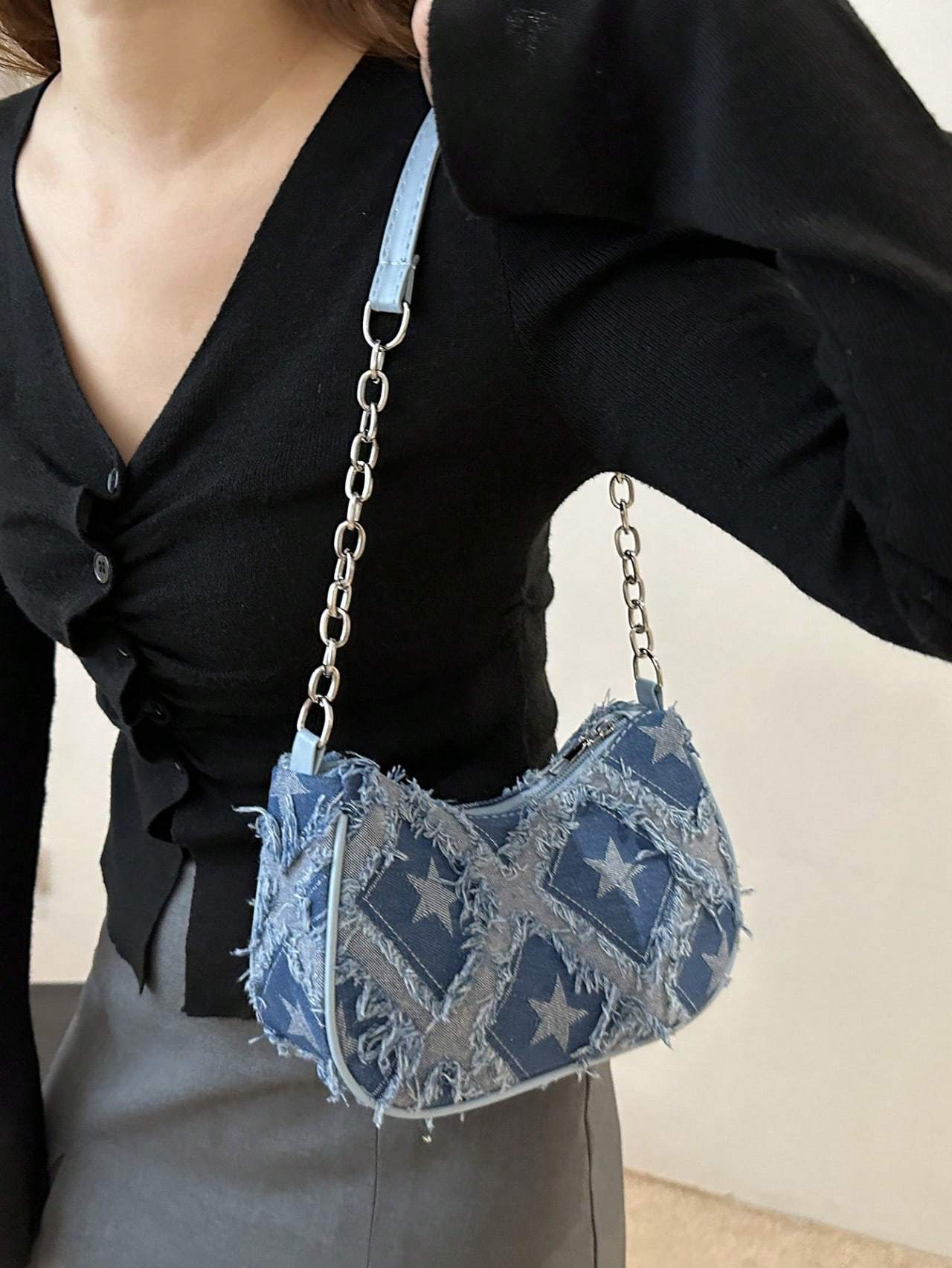 Fashionable And Stylish Design, Casual Personality, Gradient Star Denim Chain, Crossbody Shoulder Small Square Women's Bag