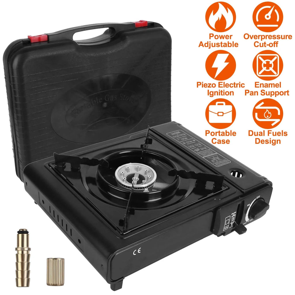 3300W Portable Camping Stove Butane Canister Dual Fuel Burner Piezo Electric Ignition Single Burner With Automatic Tank Ejection Overpressure Cut Off Carry Case For Camping Hiking Picnic Fishing