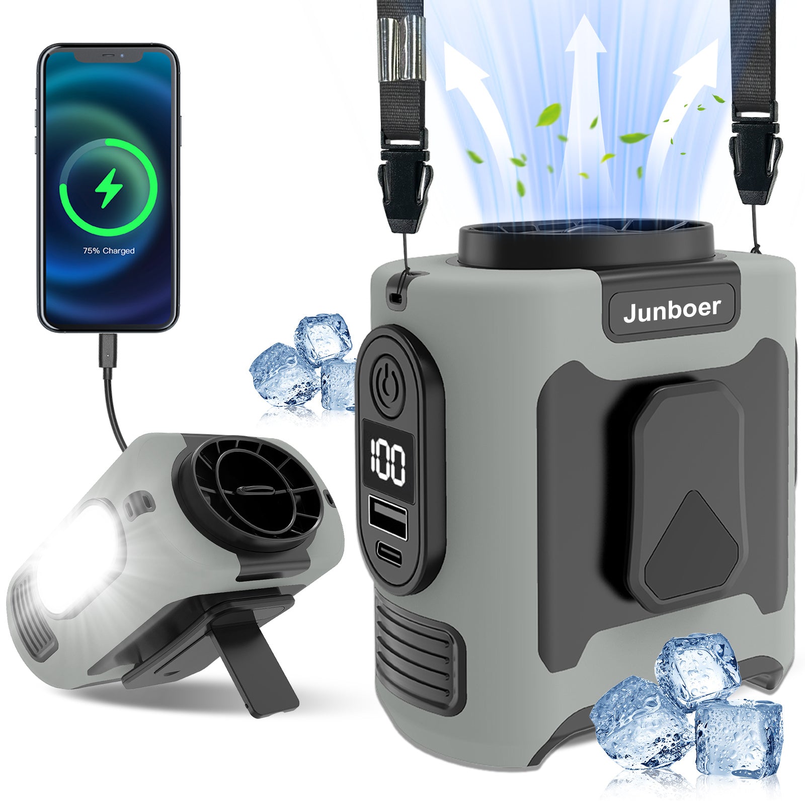 10000mAh Portable Waist Fan, Clip On Wearable Belt Personal Fan, Rechargeable Battery Powered, With 5 Speed Levels And A Flashlight, Suitable For Outdoor Camping And Traveling Gray