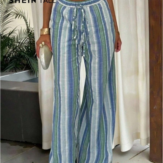 Women's High Waist Striped Cotton And Linen Trousers Casual Beach Vacation