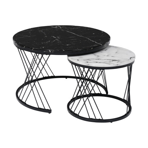 Round Coffee Table, Modern Coffee Table Set Of 2 Marble Pattern Top With Metal Frame, Small Side Table, End Table For Living Room, Bedroom, Home Office, Farmhouse, White And Black