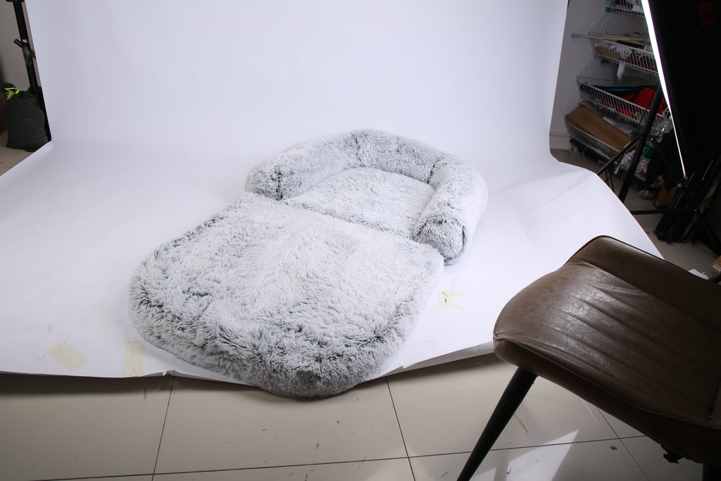 1Pc Large Foldable Human Size Dog Bed With Pillow Blanket Flurry Plush Napping Human-Sized Dog Bed Machine Washable Zipped Removable Cover For Pets Kids Adults Grey 71x45x10in