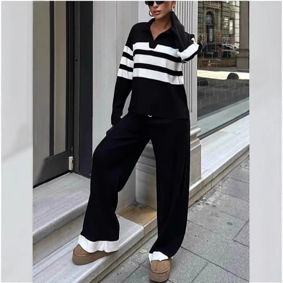 Fashion Women's Casual Polo Collar Striped Knitted Contrast Color Two-piece Set