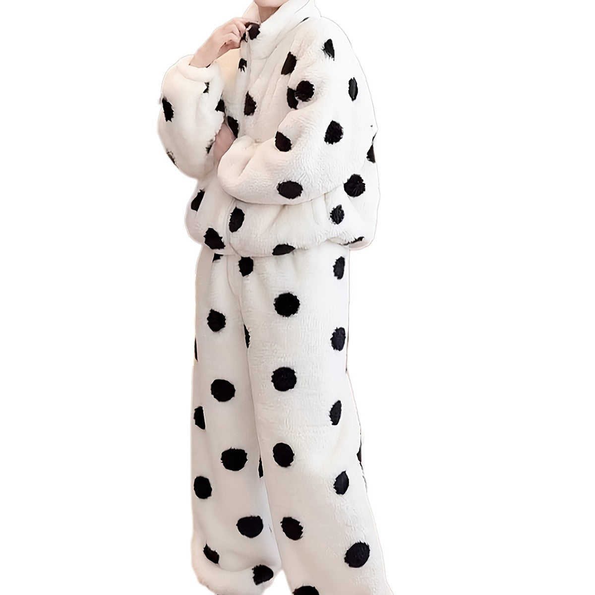 Cute Casual Pajamas For Women Winter Fleece-lined Thickened Polka Dot Turtleneck Drawstring Suit