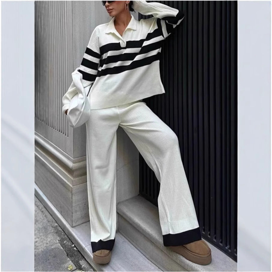 Fashion Women's Casual Polo Collar Striped Knitted Contrast Color Two-piece Set