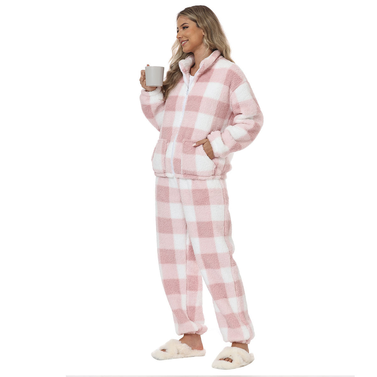 European And American Flannel Pink And White Plaids Ladies' Homewear Warm Suit