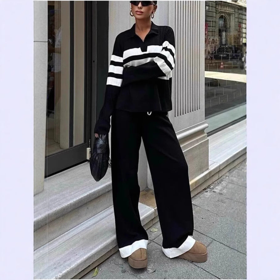 Fashion Women's Casual Polo Collar Striped Knitted Contrast Color Two-piece Set