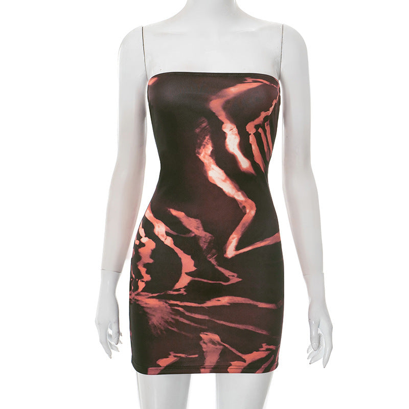 European And American Women's Clothing Abstract Printing Tube Top Wrap Hip Dress