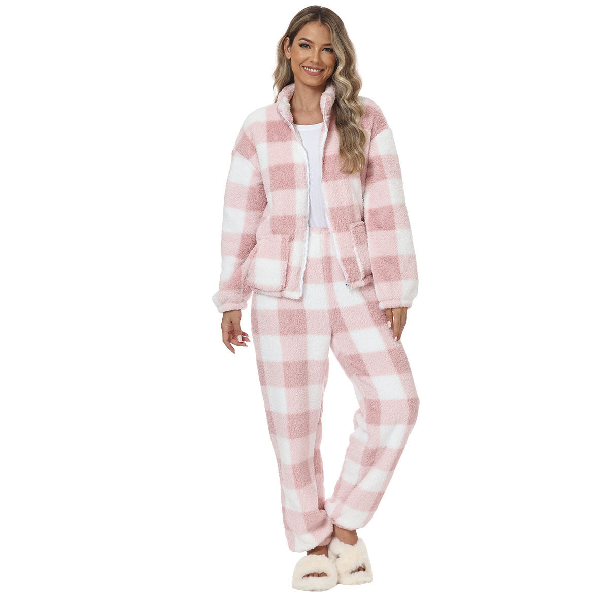 European And American Flannel Pink And White Plaids Ladies' Homewear Warm Suit