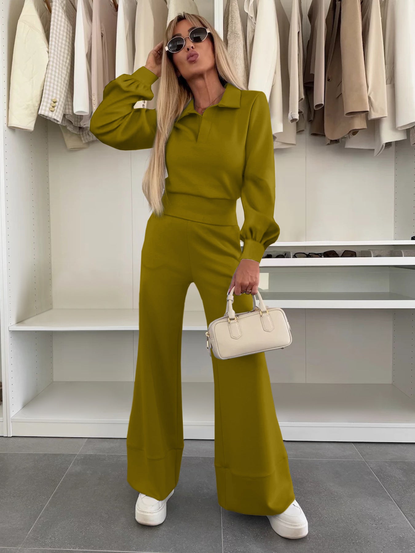 Long Sleeve Top Elastic Wide Leg Pants Two-piece Set