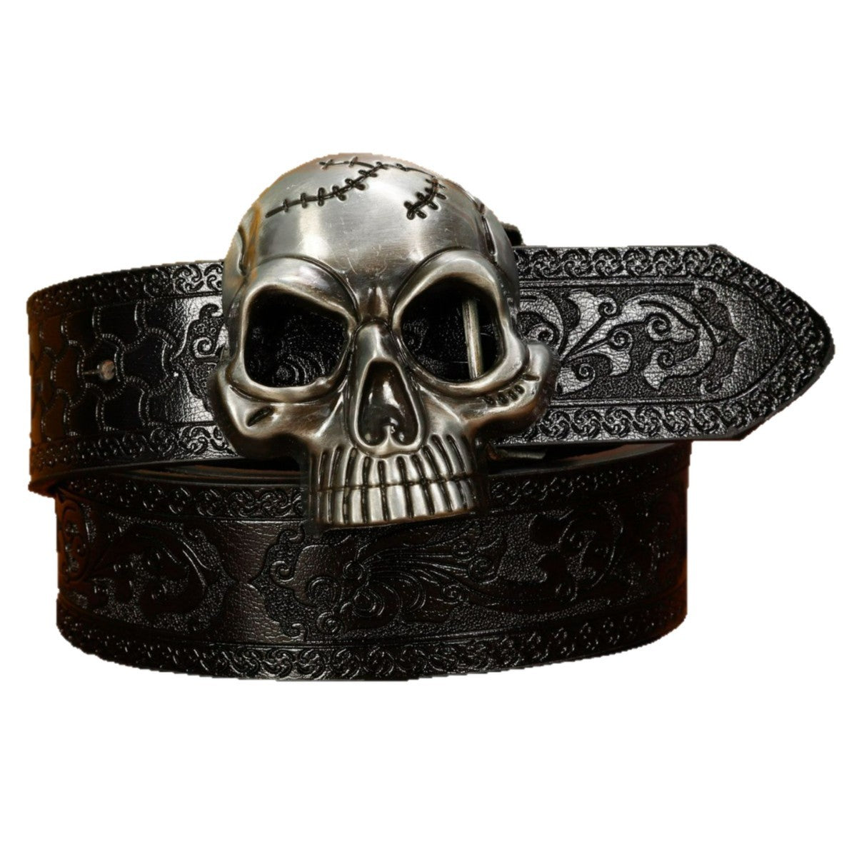 Unisex Simple Black PU Embossed Vintage Hollow Skull Belt For Men And Women