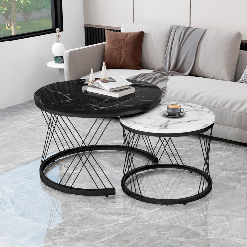 Round Coffee Table, Modern Coffee Table Set Of 2 Marble Pattern Top With Metal Frame, Small Side Table, End Table For Living Room, Bedroom, Home Office, Farmhouse, White And Black