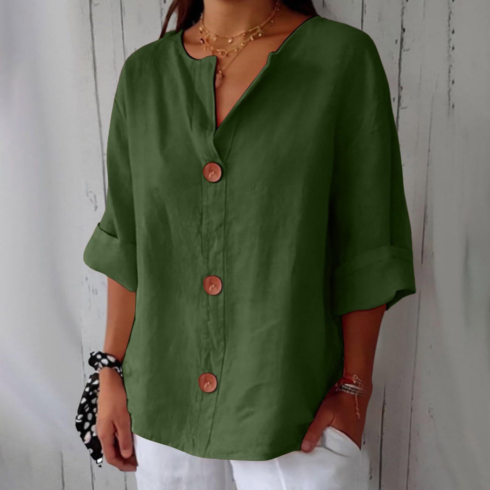 Loose T-shirt Women's V-neck Cotton And Linen Button Top