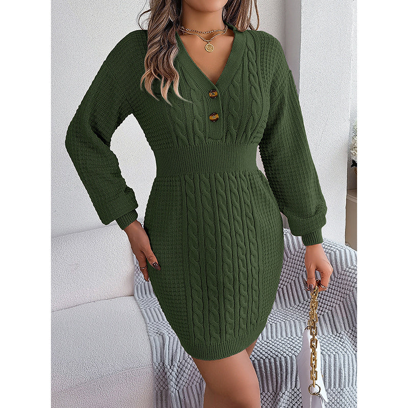Women's Cable Knit Sweater Dress - V-Neck Button Front Lantern Sleeve Bodycon Mini Dress With Elastic Waist For Fall
