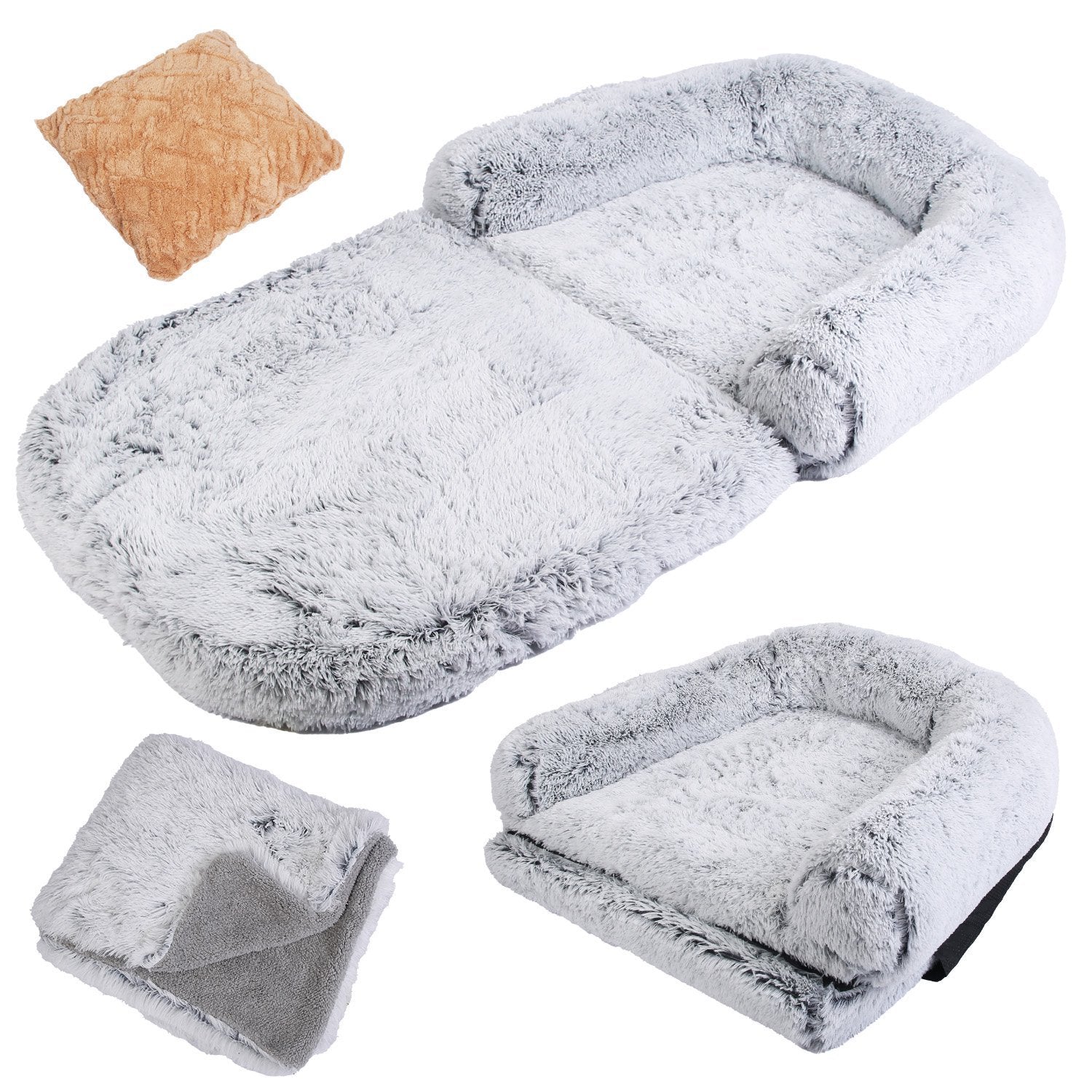 1Pc Large Foldable Human Size Dog Bed With Pillow Blanket Flurry Plush Napping Human-Sized Dog Bed Machine Washable Zipped Removable Cover For Pets Kids Adults Grey 71x45x10in