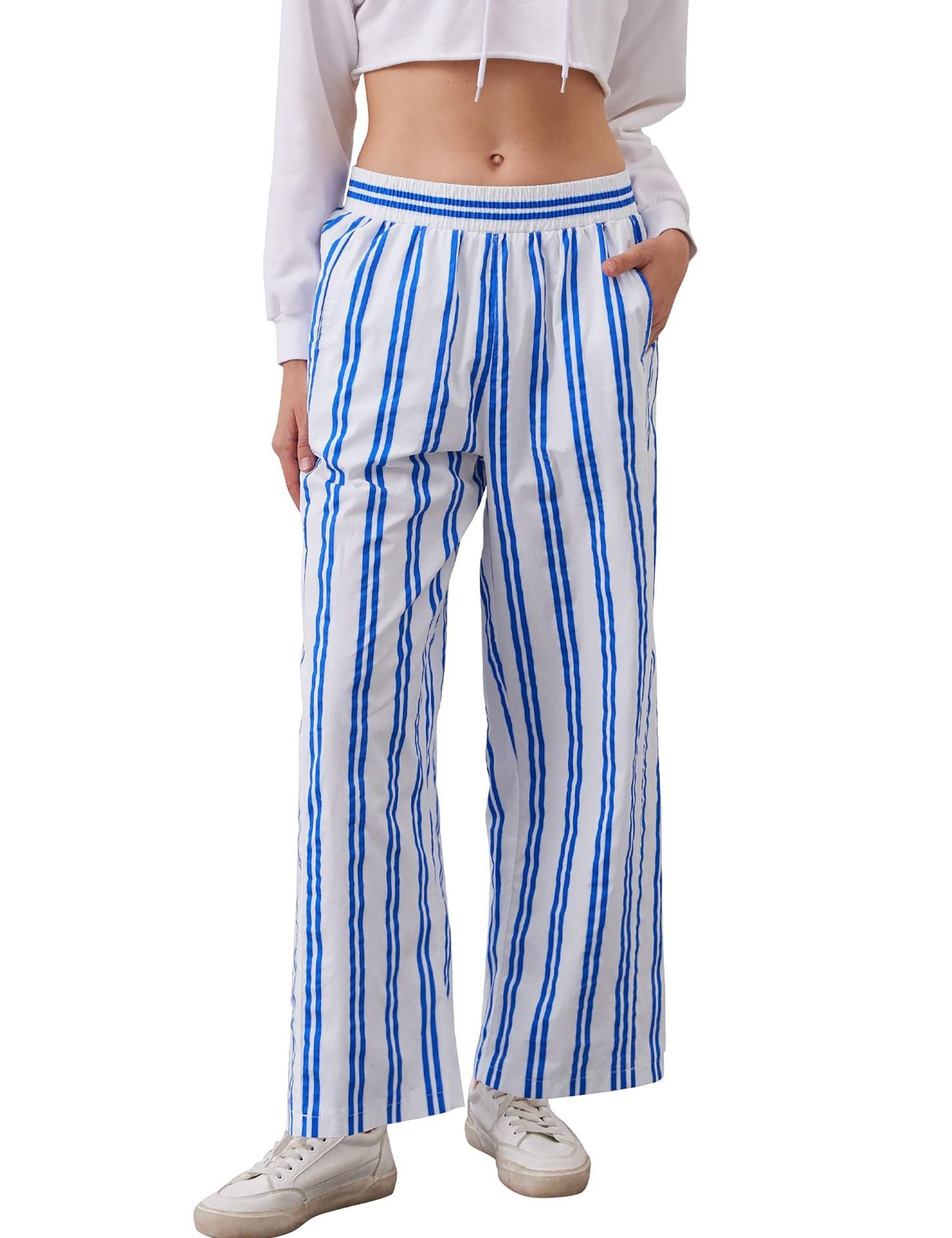 Women's High Waist Striped Cotton And Linen Trousers Casual Beach Vacation