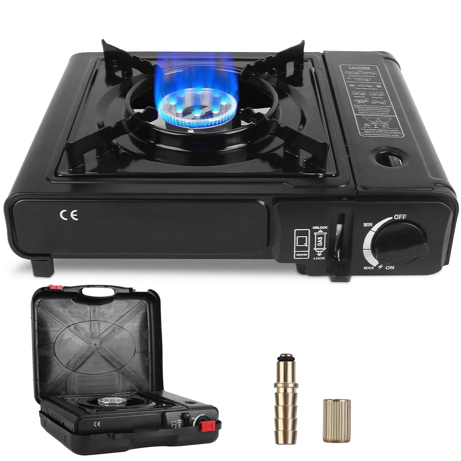 3300W Portable Camping Stove Butane Canister Dual Fuel Burner Piezo Electric Ignition Single Burner With Automatic Tank Ejection Overpressure Cut Off Carry Case For Camping Hiking Picnic Fishing