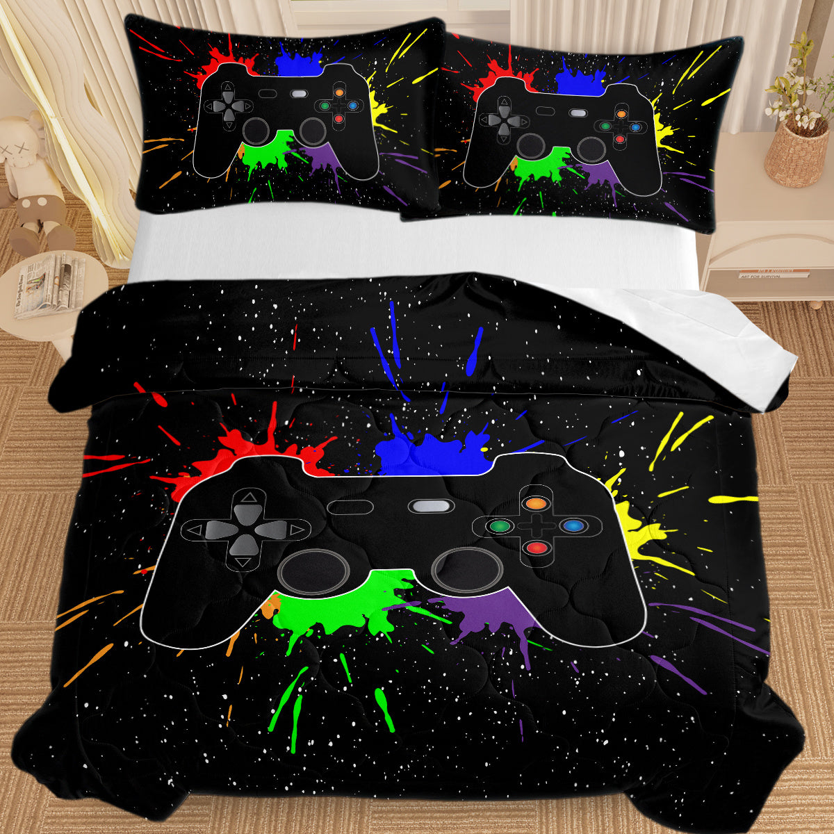 Black Video Game Comforter For Girls Boys Red Blue Green Purple Yellow Ink Game Controller Bedding Boy Bedroom Living Bed Decor With 1 Comforter 2 Pillow Shams